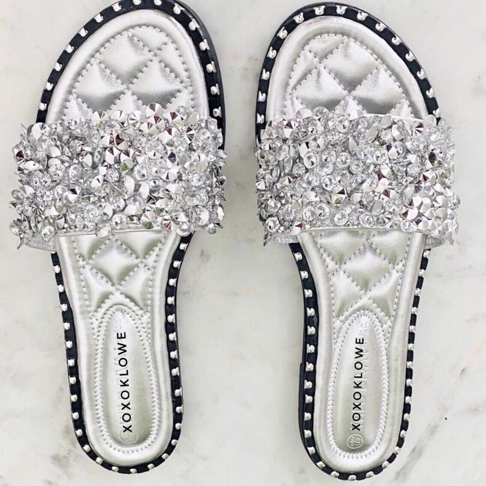 Silver Diamond Embellished Sparkle Sandal Slides